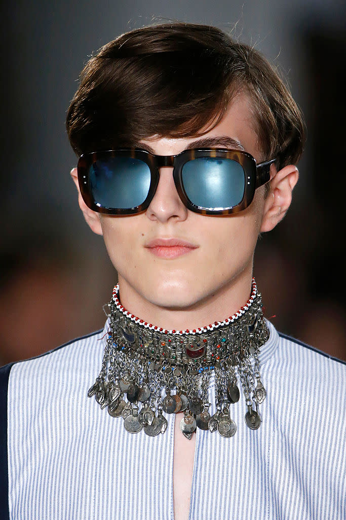 An elaborate men's choker at the Casely-Hayford show during The London Collections Men SS17 at BFC Show Space on June 11, 2016. (Photo: Getty)