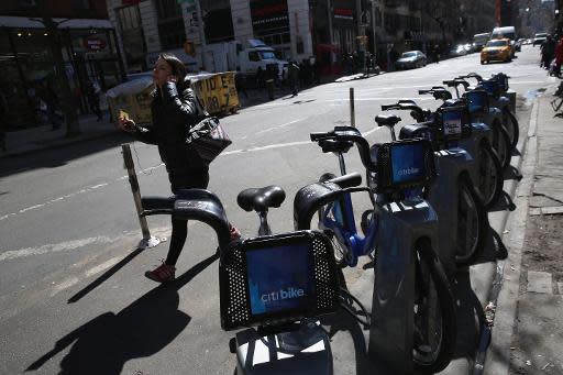 Una de las estaciones del servicio de biciletas gratuito en Nueva York Citi Bike, el 21 de marzo de 2014 (Getty/AFP/Archivos | John Moore)