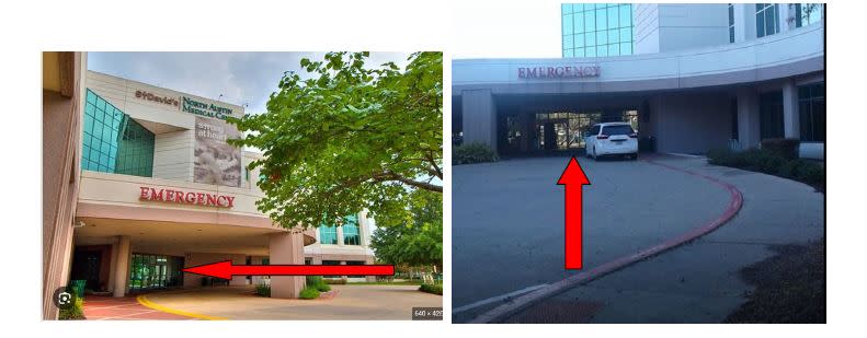 Lawsuit evidence photos showing St. David’s North Austin Medical Center without bollards (Courtesy Howry, Breen & Herman)