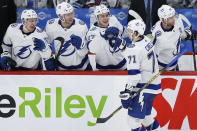 Tampa Bay Lightning's Anthony Cirelli (71) celebrates his hat-trick against the Winnipeg Jets during third-period NHL hockey game action in Winnipeg, Manitoba, Friday, Jan. 17, 2020. (John Woods/The Canadian Press via AP)