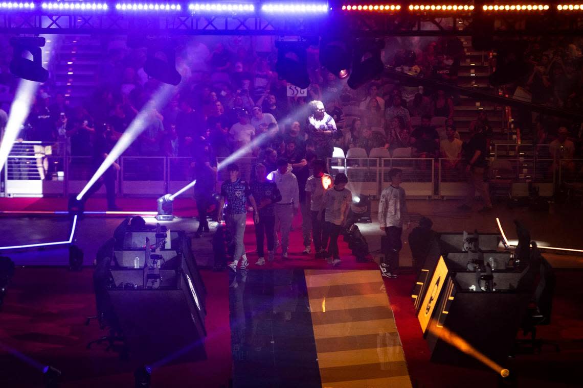 Rocket League players enter the gaming stage during the Rocket League World Championships at the Dickies Arena on Friday, August 12, 2022, in Fort Worth, Texas.