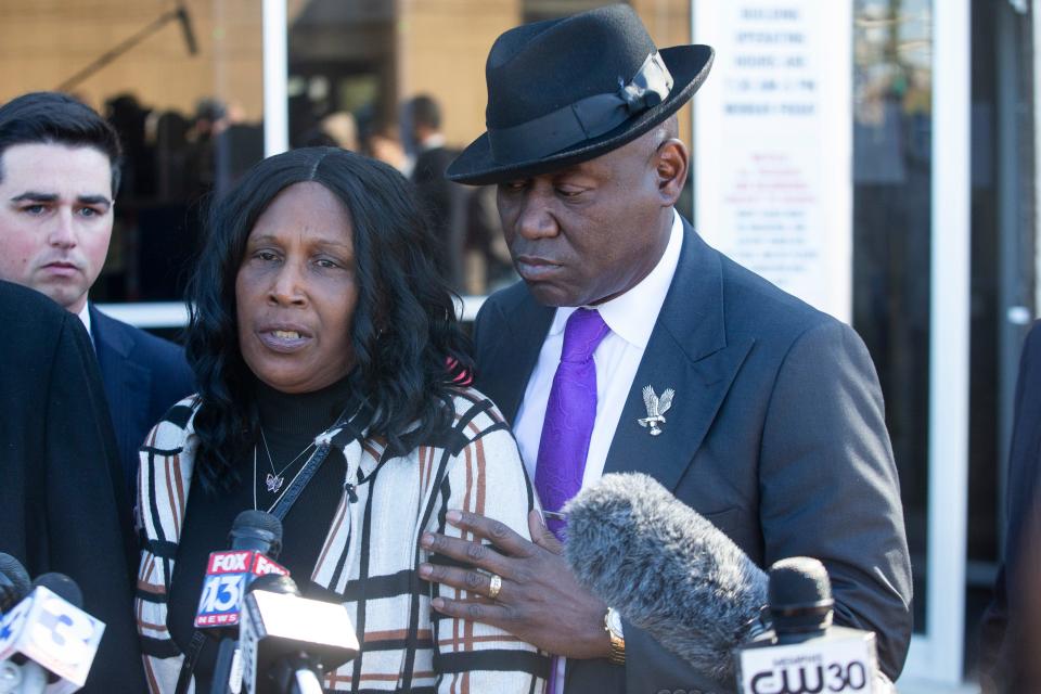 RowVaughn Wells, the mother of Tyre Nichols, speaks to the press as attorney Ben Crump comforts her outside Odell Horton Federal Building after Desmond Mills Jr., one of the now-former Memphis police officers indicted both at the federal and state levels in connection to the beating and death of Tyre Nichols, entered a plea deal in the federal case against him in Downtown Memphis, Tenn., on Thursday, November 2, 2023.