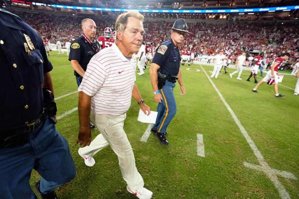 Alabama head coach Nick Saban walks off the field following the Crimson Tide’s 34-24 loss to Texas. Before Saturday, Alabama had not suffered a loss prior to its third game of a season since 2003.