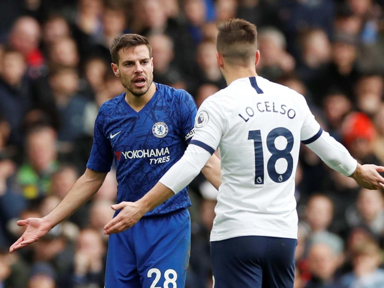 Chelsea's Cesar Azpilicueta and Tottenham Hotspur's Giovani Lo Celso react: Action Images via Reuters