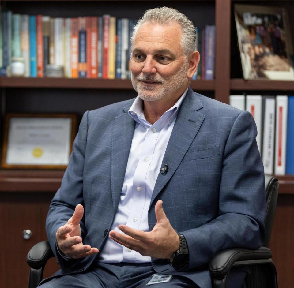 Broward County Schools Superintendent Peter Licata is interviewed inside his office at the Kathleen C. Wright Administration Building on Wednesday, Jan. 31, 2024, in Fort Lauderdale, Fla. Licata spoke on the record about his school district potentially repurposing schools with low student enrollment. MATIAS J. OCNER/mocner@miamiherald.com