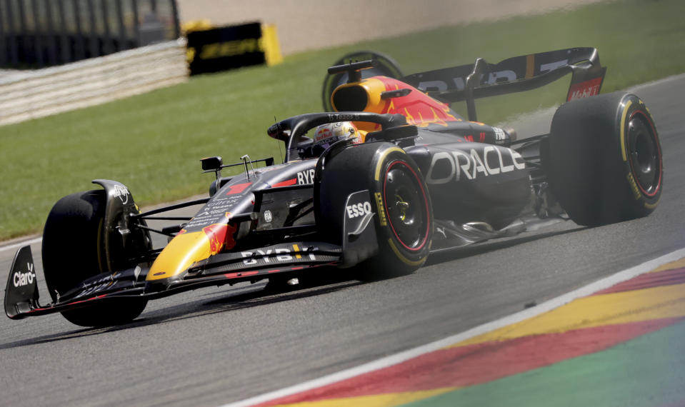 Red Bull driver Max Verstappen of the Netherlands steers his car during the Formula One Grand Prix at the Spa-Francorchamps racetrack in Spa, Belgium, Sunday, Aug. 28, 2022. (AP Photo/Olivier Matthys)