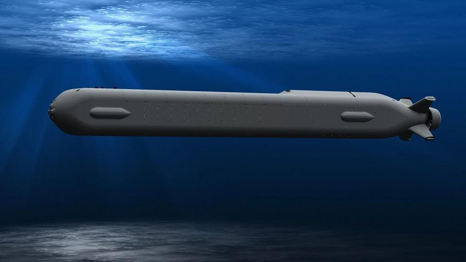 An artist's rendering shows Ocra, a large autonomous submarine. The aerospace giant Boeing has enlisted the help of HII to build it. (Boeing via AP)