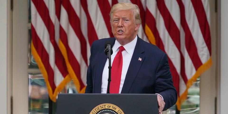 President Donald Trump answers questions from reporters during an event on protecting seniors with diabetes in the Rose Garden White House, Tuesday, May 26, 2020, in Washington. (AP Photo/Evan Vucci)