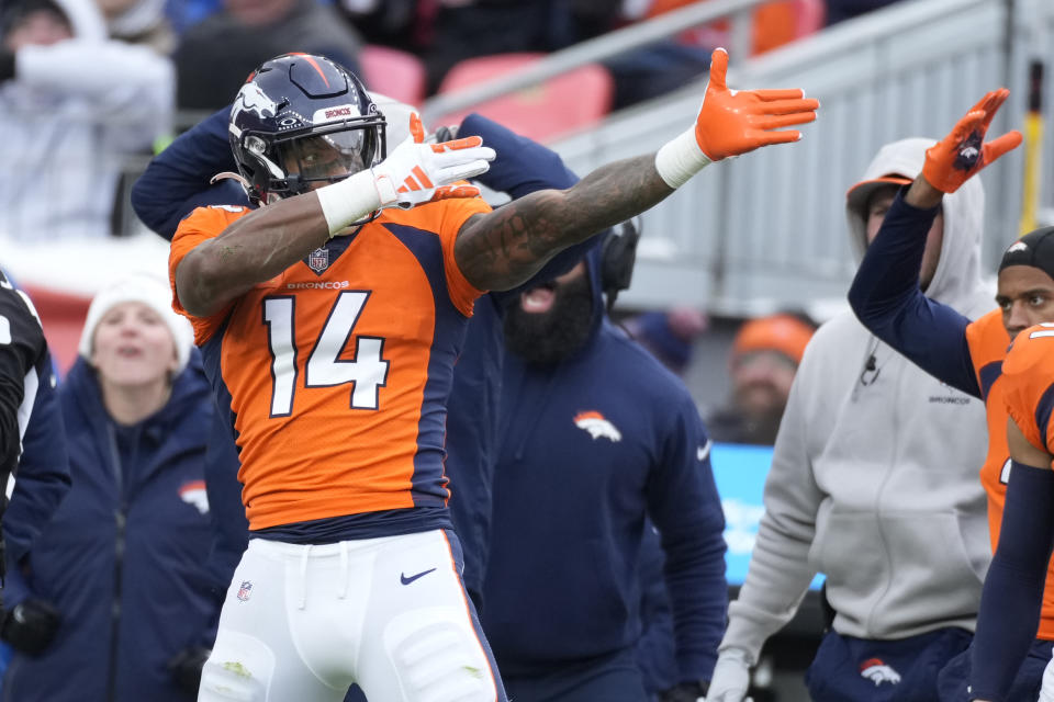 Denver Broncos wide receiver Courtland Sutton celebrates a first down during the second half of an NFL football game against the Kansas City Chiefs Sunday, Oct. 29, 2023, in Denver. (AP Photo/David Zalubowski)