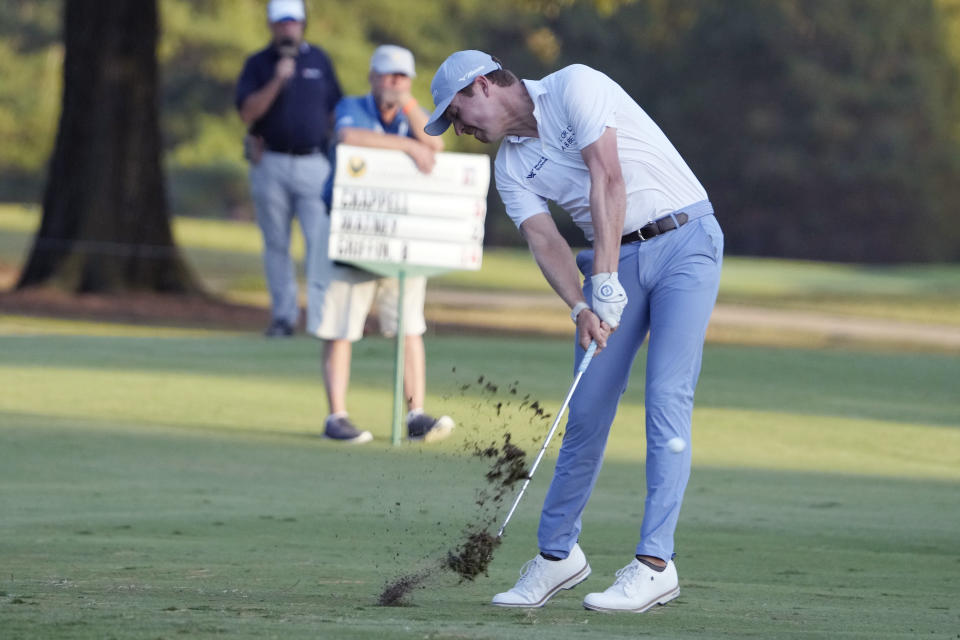 Ben Griffin watches his shot from the 18th fairway during the second round of the Sanderson Farms Championship golf tournament in Jackson, Miss., Friday, Oct. 6, 2023. (AP Photo Rogelio V. Solis)