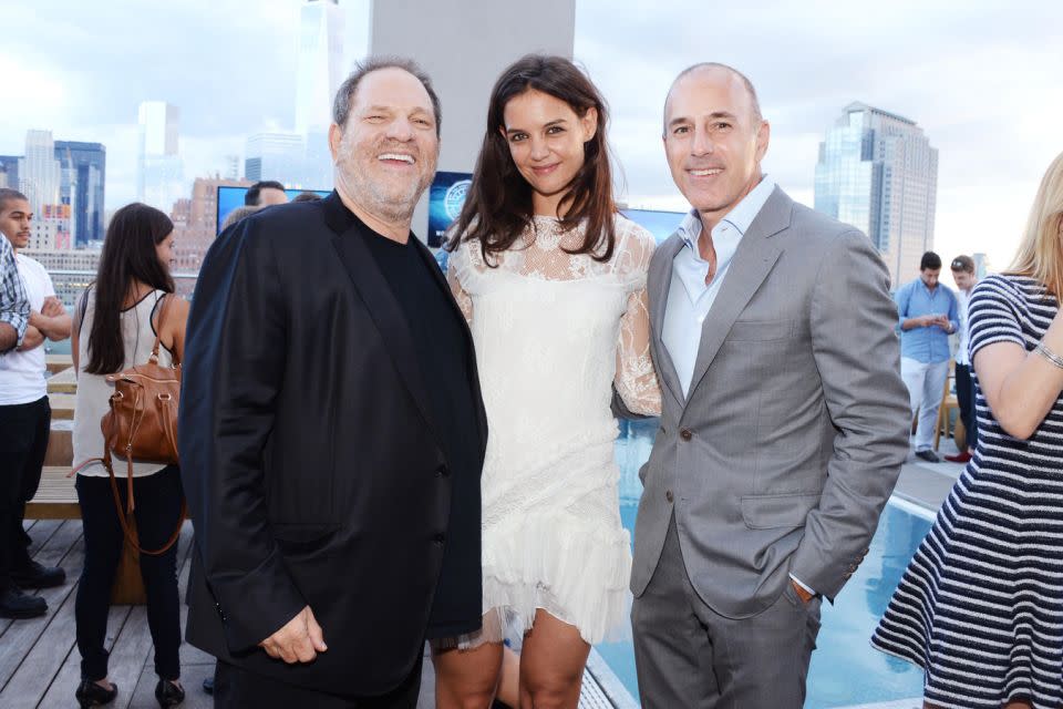 Matt Lauer, seen here with disgraced movie mogul Harvey Weinstein and Katie Holmes, has said he is 