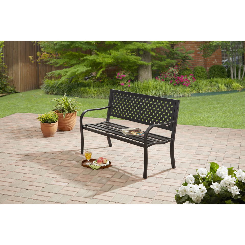 <p><a href="https://go.redirectingat.com?id=74968X1596630&url=https%3A%2F%2Fwww.walmart.com%2Fip%2FMainstays-Lattice-High-Back-Slat-Seat-Steel-Garden-Bench-Black%2F49155919&sref=https%3A%2F%2Fwww.thepioneerwoman.com%2Fhome-lifestyle%2Fentertaining%2Fg43853952%2Fbest-walmart-patio-furniture%2F" rel="nofollow noopener" target="_blank" data-ylk="slk:Shop Now;elm:context_link;itc:0;sec:content-canvas" class="link ">Shop Now</a></p><p>Mainstays Lattice High Back Slat Seat Steel Garden Bench</p><p>walmart.com</p><p>$88.00</p><span class="copyright">Walmart</span>