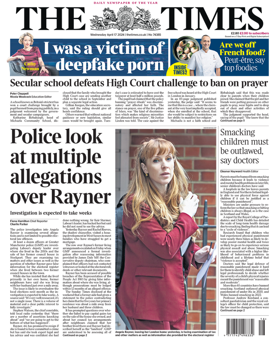 The headline in the Times: "Police look at multiple allegations over Rayner".