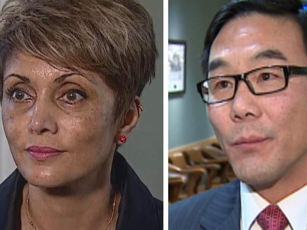 Calgary's mayor-elect Jyoti Gondek, left, says she hopes Ward 4's Sean Chu, right, 'steps away' over reported misconduct involving a minor while he was a police officer. (CBC - image credit)