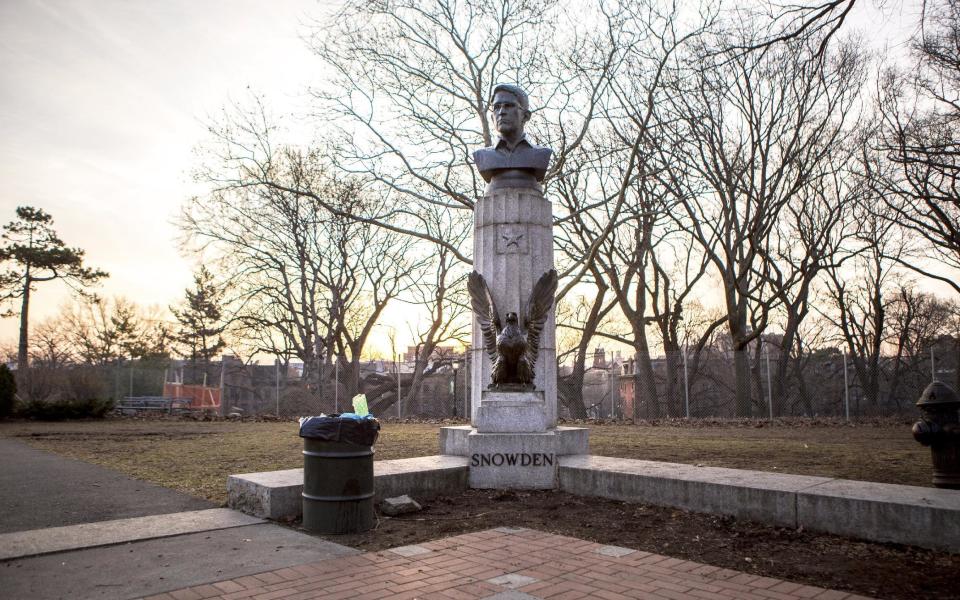 A large molded bust of Edward Snowden is pictured in Fort Greene Park at the Brooklyn borough of New York