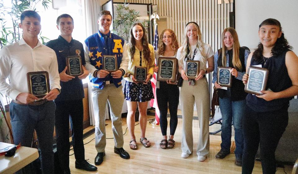 A luncheon was held Thursday, May 12, 2022, at the Redding Elks Lodge to honor 2022 Record Searchlight/Rotary Club of Redding/Seamans Family Foundation Scholar-Athlete high school boys and girls finalists and winners. Pictured left to right are boys finalists Zach Wilkes of Shasta, Brennan Ramirez of Enterprise and Devin Armstrong of Anderson. For the girls are finalist Abby Shoff of Enterprise, winner Rebecca Gaido of U-Prep, and finalists Caitlyn Singler of Red Bluff, Raymi Rogers of Central Valley and Gabriela Tapia of Weed. Not pictured are boys winner Ryan Osborne of Fall River and finalist Carson Piper of Redding Christian.