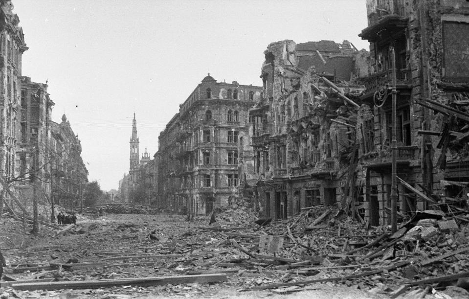In this 1940s photo, the ruins of the Church of the Holiest Savior in Warsaw, Poland are seen, after World War II. The Renaissance-and-Baroque style church was completed in 1927 and then severely damaged during the war. Rebuilt under communist in the 1950s, it stands as a landmark in the Savior Square, sometimes called Hipster Square, which has become one of Warsaw’s trendiest places after political and economic reform and attracts tourists, students and professionals alike. (AP Photo/Warsaw Rising Museum)