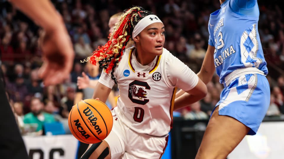 South Carolina guard Te-Hina Paopao drives against the North Carolina Tar Heels. - Jeff Blake/USA TODAY Sports/Reuters