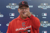 Cleveland Guardians manager Terry Francona gestures during an interview, Thursday, Oct. 6, 2022, in Cleveland, the day before their wild card baseball playoff game against the Tampa Bay Rays. (AP Photo/Sue Ogrocki)