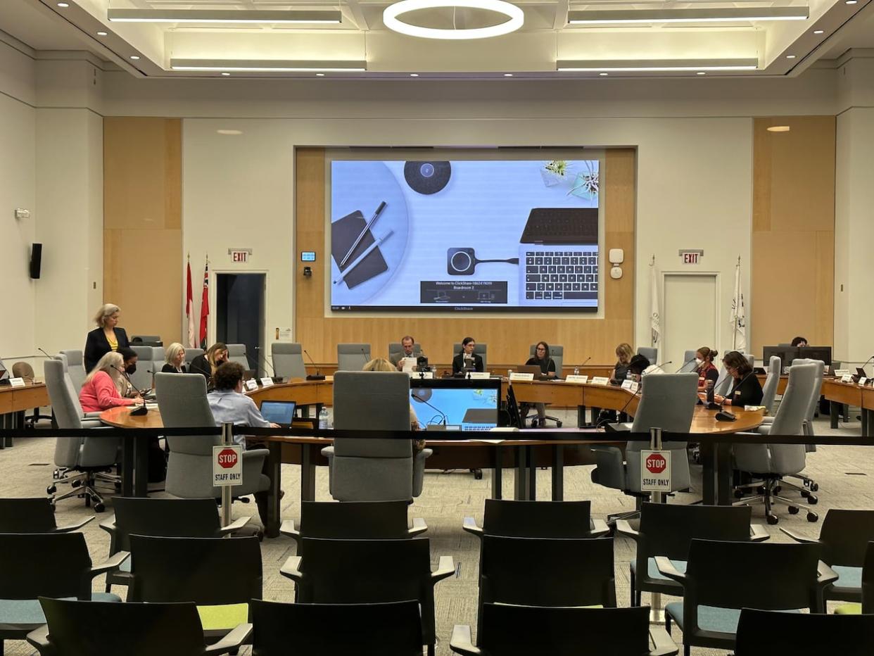 Ottawa-Carleton District School Board trustees Nili Kaplan-Myrth and Donna Dickson were seated next to each other during a special meeting of the board of trustees on Sept. 11, 2023. Dickson filed a complaint against Kaplan-Myrth after a series of texts in 2022. (Celeste Decaire/CBC - image credit)