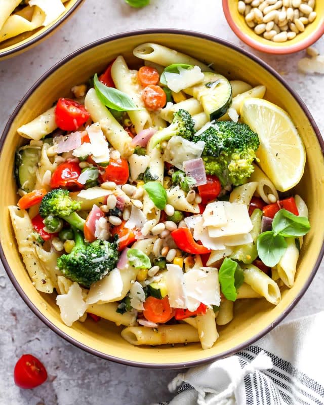 <p>Joy Food Sunshine</p><p>Pasta primavera is a fresh, bright and lemony, veggie-packed pasta dish. This pasta primavera recipe is versatile and is ready in under 30 minutes making it an easy and healthy weeknight meal.</p><p><strong>Get the recipe: <a href="https://joyfoodsunshine.com/pasta-primavera/" rel="nofollow noopener" target="_blank" data-ylk="slk:Pasta Primavera;elm:context_link;itc:0;sec:content-canvas" class="link ">Pasta Primavera</a></strong></p>