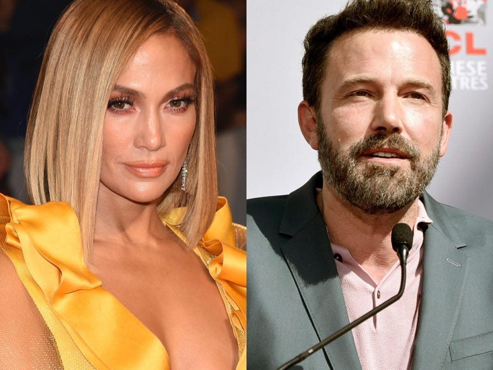 On the left: Jennifer Lopez wearing a yellow dress at the Toronto International Film Festival in September 2019. On the right: Ben Affleck wearing a pink shirt and blazer at the TCL Chinese Theatre in October 2019.