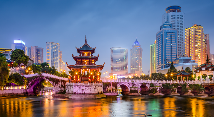 Guiyang, China skyline at Jiaxiu Pavilion on the Nanming River. China Stocks