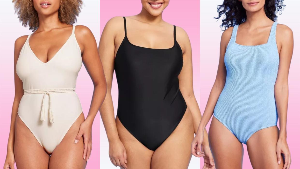Three models wearing different one-piece swimsuits on a pink background.