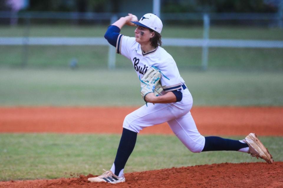 West Boca pitcher James Litman (9) delivers a pitch at the top of the third inning during the Class 7A District 12 semifinal between West Boca and Boca Raton at the Santaluces Athletic Complex in Lake Worth, FL., on Tuesday, May 3, 2022. Final score, West Boca, 5, Boca Raton, 4.