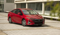 This undated photo from Toyota shows the 2021 Prius Prime, a plug-in hybrid with about 25 miles of electric range. (Courtesy of Toyota via AP)
