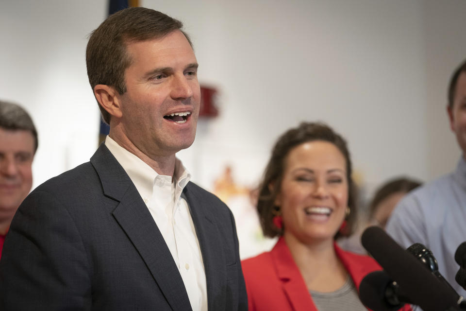 Kentucky Democratic gubernatorial candidate and Attorney General Andy Beshear speaks to the media during a press conference at the Muhammad Ali Center, Wednesday, Nov. 6, 2019, in Louisville, Ky. (AP Photo/Bryan Woolston)