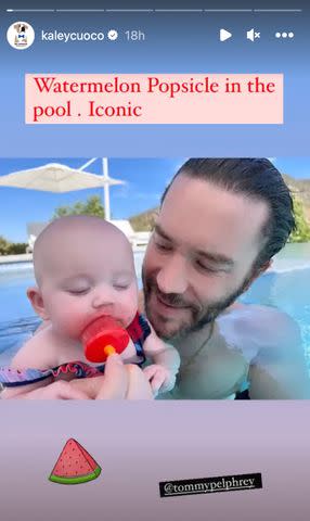 <p>Kaley Cuoco/Instagram</p> Kaley Cuoco shares a shot of her daughter Matilda enjoying a popsicle in the pool with dad Tom Pelphrey.