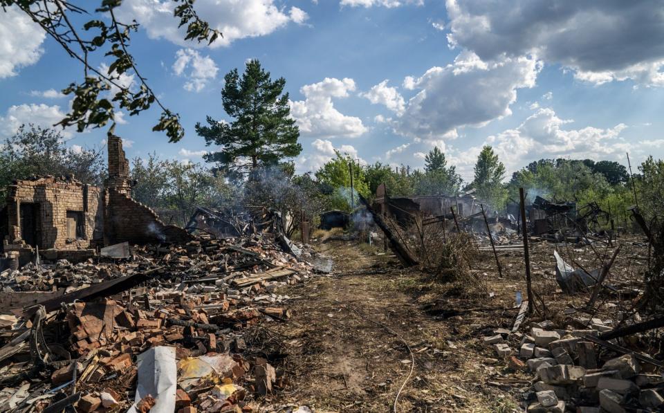 Just a couple of walls remain standing of this destroyed house in Kostyantynivka