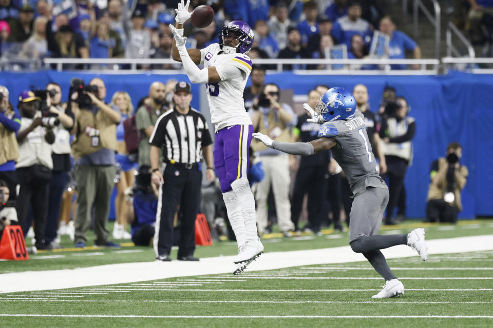 Minnesota Vikings wide receiver Justin Jefferson (18) catches during the second half of an NFL football game against the Detroit Lions, Sunday, Jan. 7, 2024, in Detroit. (AP Photo/Duane Burleson)