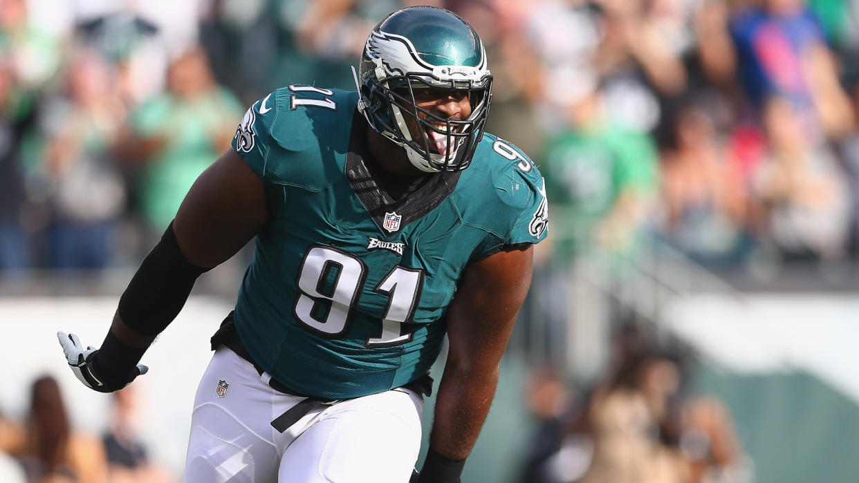 PHILADELPHIA, PA - DECEMBER 13:  Fletcher Cox #91 of the Philadelphia Eagles reacts to a sack on Tyrod Taylor #5 (not pictured) of the Buffalo Bills during the first quarter at Lincoln Financial Field on December 13, 2015 in Philadelphia, Pennsylvania.