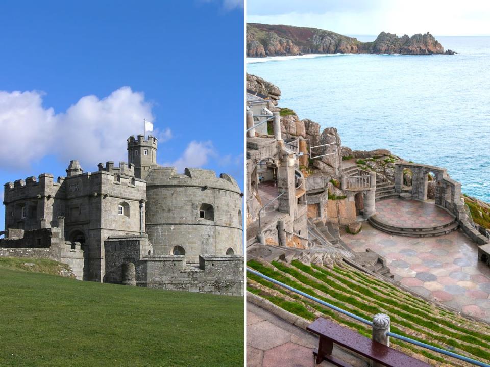 Left, Pendennis Castle, a stone castle with a deep blue sky, right, Minack Theater, the ruins of an old amphitheater overlooking the ocean