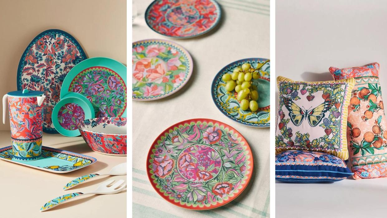  Vibrant, colorful, and multi-print Anthropologie x Alexandra Farmer collection including dinnerware, plates, and throw pillows. 