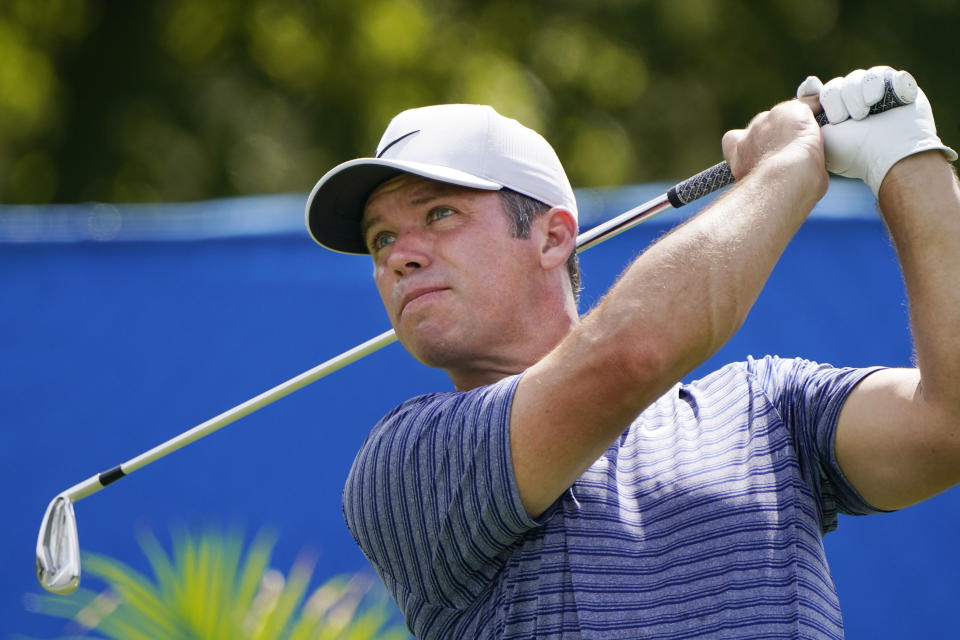 Paul Casey, of England, drives on the 10th hole during the first round of the Wyndham Championship golf tournament at Sedgefield Country Club on Thursday, Aug. 13, 2020, in Greensboro, N.C. (AP Photo/Chris Carlson)