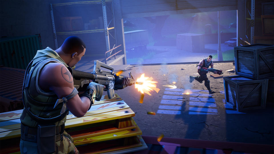 Two players shoot at each other in Epic Games' Fortnite.