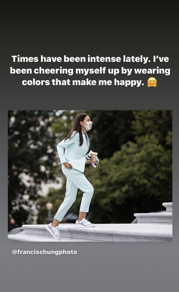 Alexandria Ocasio-Cortez has been wearing colors that make her happy. (Photo: Instagram) 