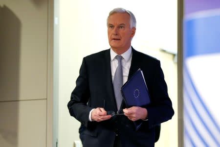 Michel Barnier, Chief Negotiator for the Preparation and Conduct of the Negotiations with the United Kingdom under Article 50 of the Treaty on European Union, arrives to hold a news conference at the EU Commission headquarters in Brussels, Belgium, December 6, 2016. REUTERS/Francois Lenoir