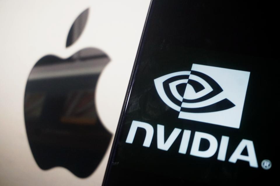 HANGZHOU, CHINA - JUNE 3, 2024 - The NVIDIA logo and the Apple logo are pictured in Hangzhou city, Zhejiang province, China, June 6, 2024. On June 5, Eastern time, Nvidia's stock market value exceeded $3 trillion, officially surpassing Apple's market value and becoming the world's second largest technology giant by market value. It is worth noting that in just over 3 months, Nvidia's market value soared from $2 trillion to $3 trillion. (Photo credit should read CFOTO/Future Publishing via Getty Images)