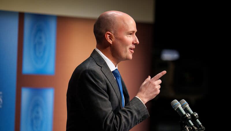 Gov. Spencer Cox speaks at his monthly news conference in Salt Lake City on Thursday, March 21, 2024.