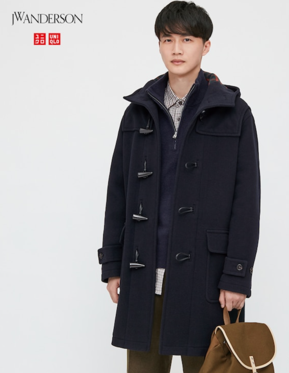 JW Anderson x Uniqlo Double-Faced Duffle Coat in 69 Navy (Photo via Uniqlo)