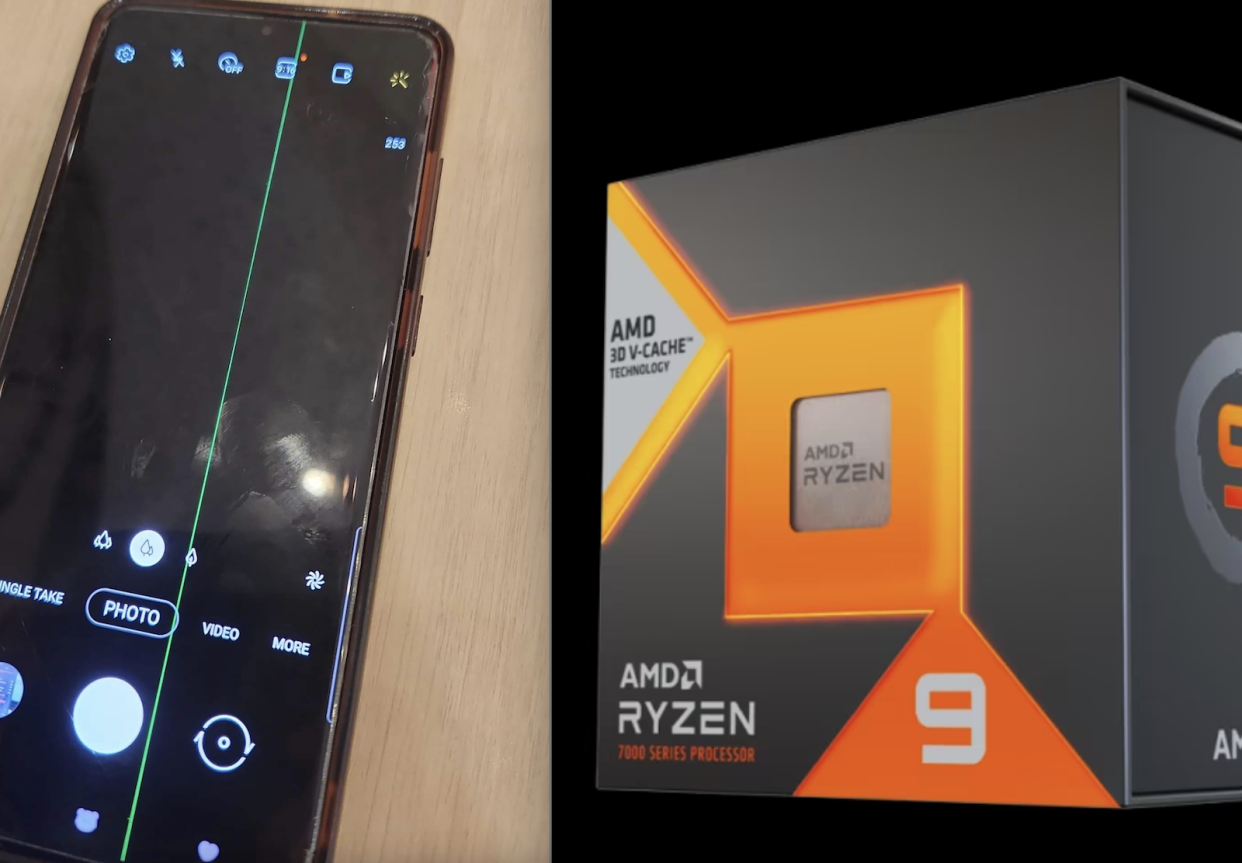 A composite image of a Samsung phone with a defect together with the packaging of an AMD CPU.