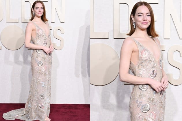 Emma Stone Shines in Plunging Custom Louis Vuitton Gown With