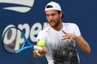 Aug 30, 2018; New York, NY, USA; Joao Sousa of Portugal hits to Pablo Carreno Busta in a second round match on day four of the 2018 U.S. Open tennis tournament at USTA Billie Jean King National Tennis Center. Mandatory Credit: Danielle Parhizkaran-USA TODAY SPORTS