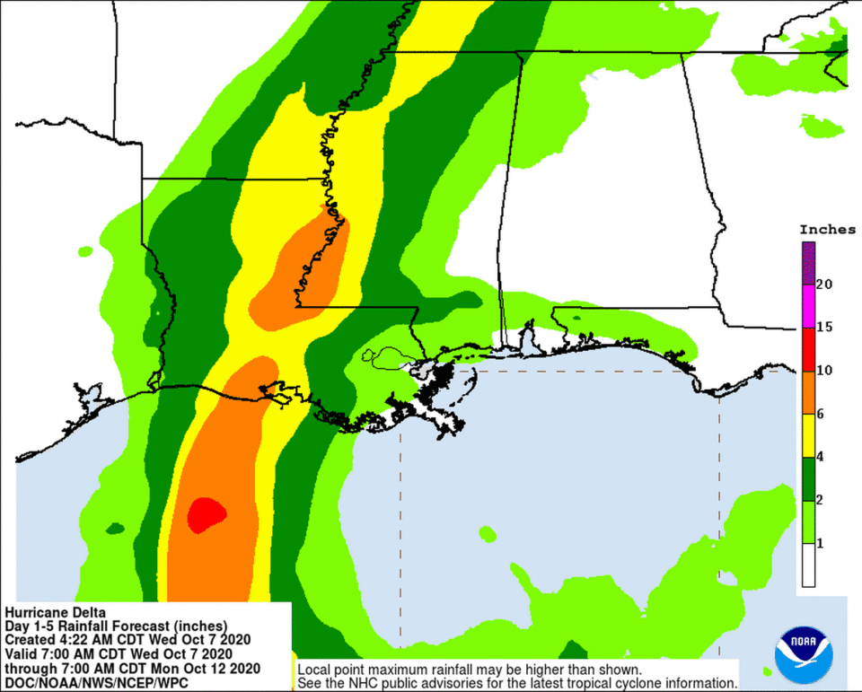 Hurricane Delta could bring up to 10 inches of rain to some regions of the central Gulf Coast, new rainfall totals show.