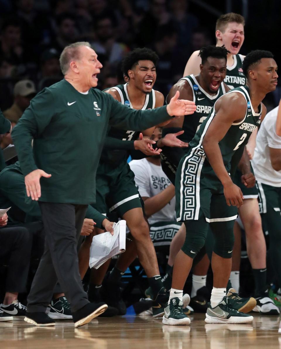 MSU coach Tom Izzo and his team react after a basket in MSU's Sweet 16 loss to Kansas State last month in New York.