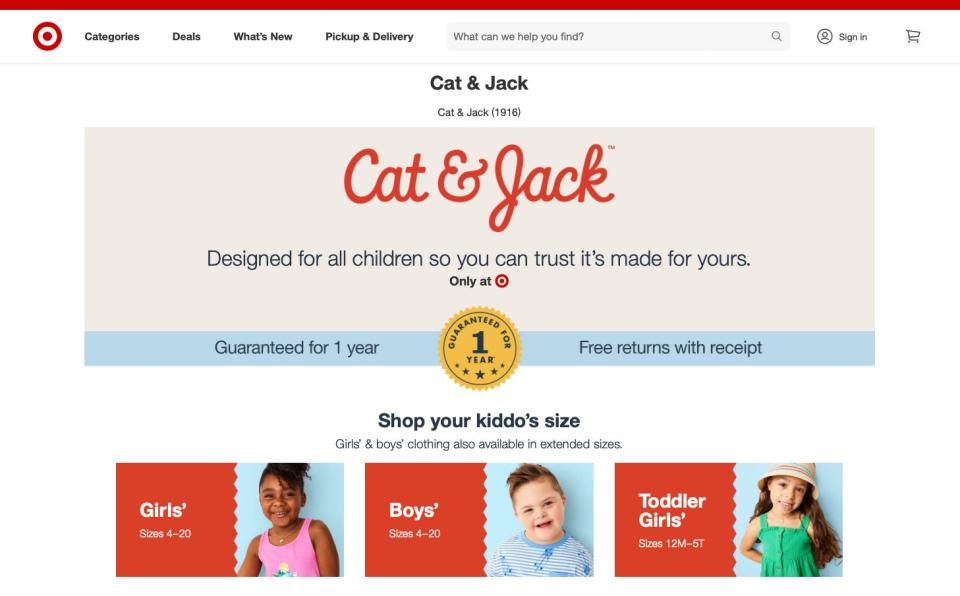 Screenshot of the Cat & Jack page on Target.com